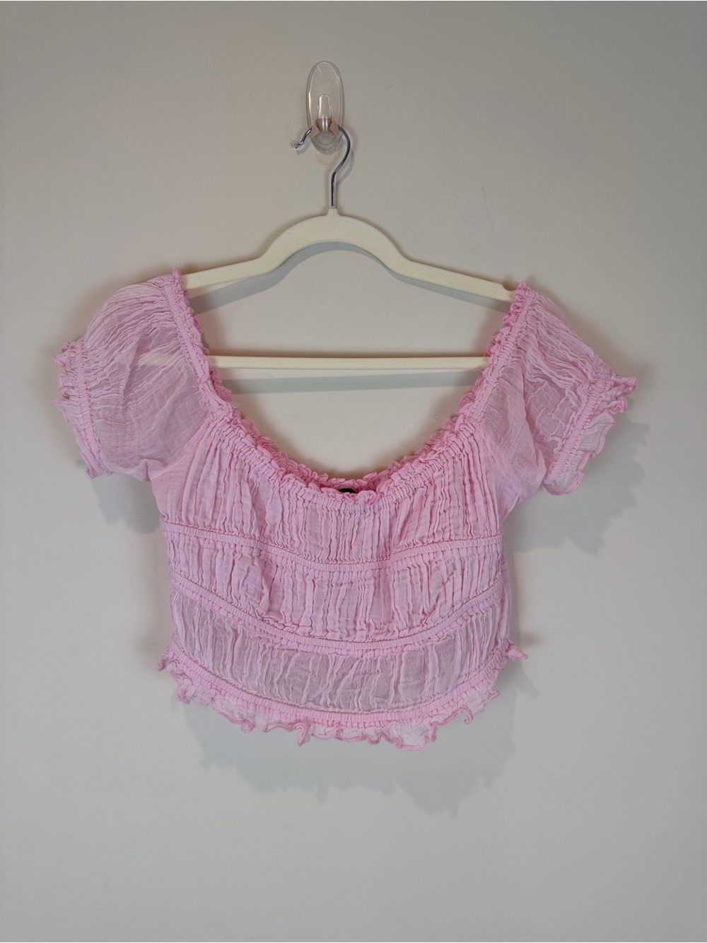FP One Light Pink Coquette Girl Smocked Gauze Crop Top with Ruffle Trim M
